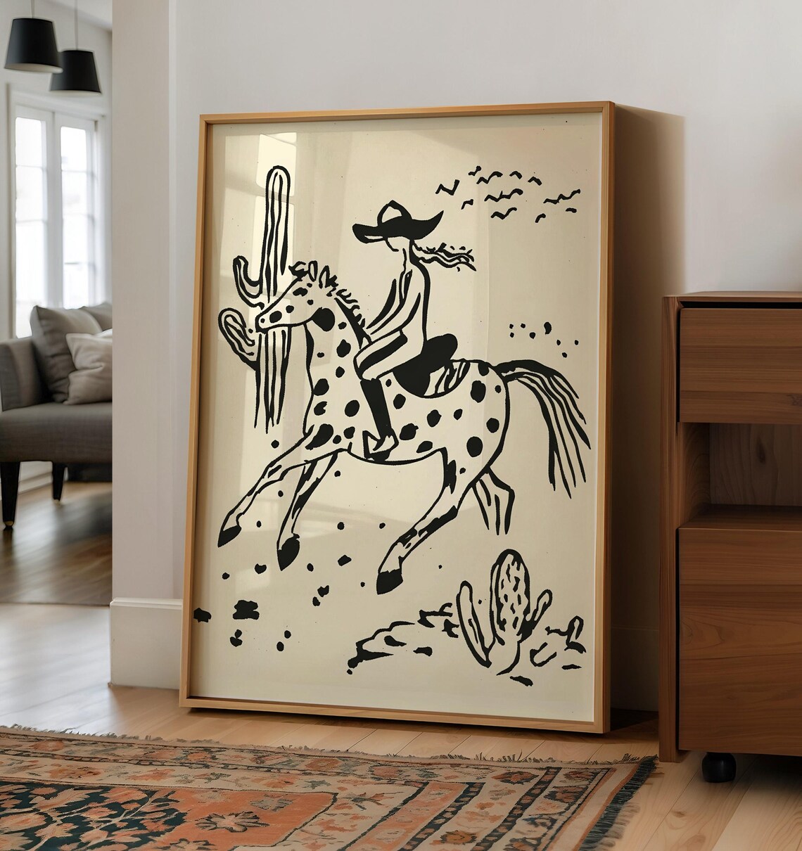 Abstract Cowgirl Riding Horse Art, Boho Western Poster