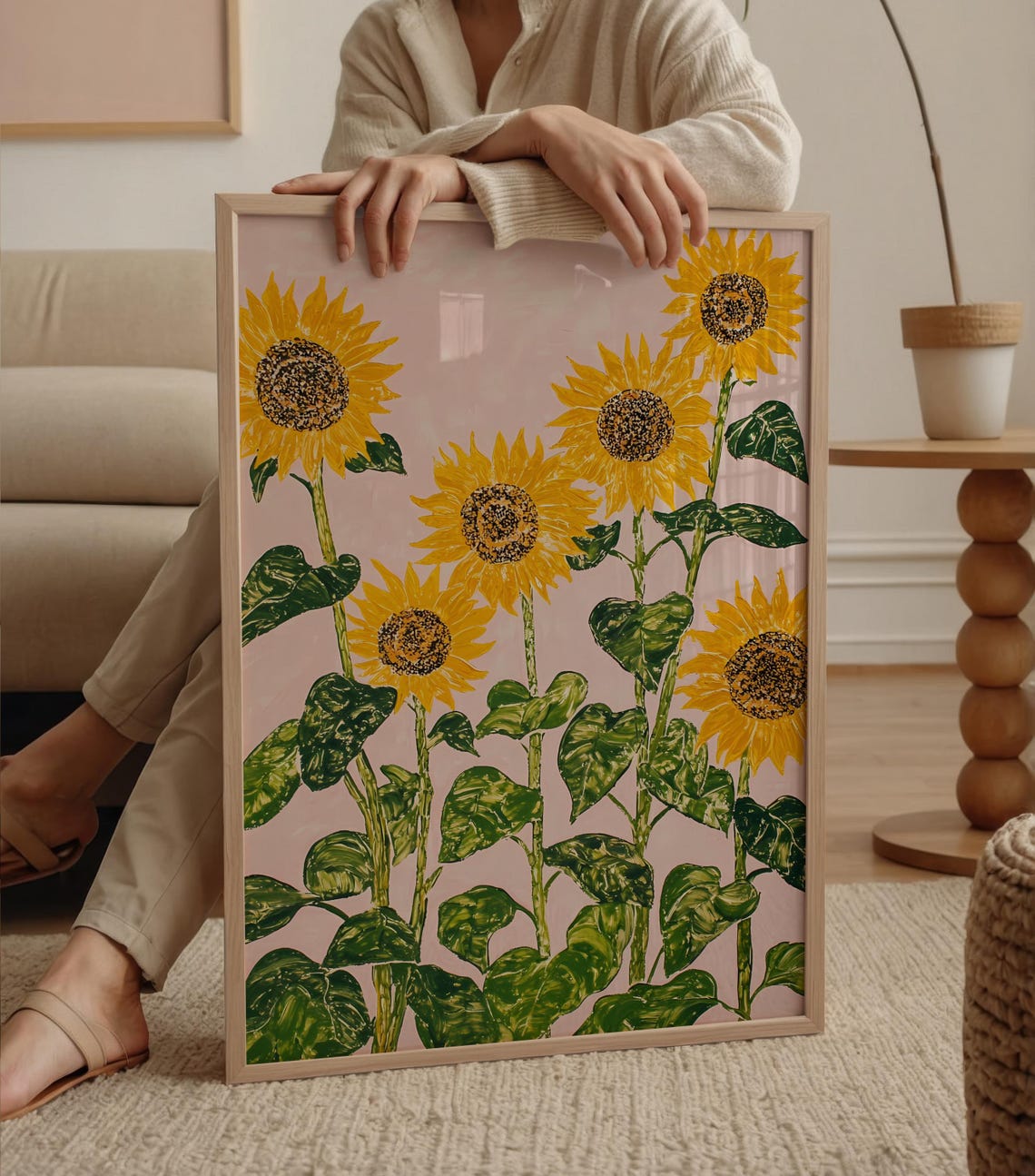 Cheerful Sunflowers Pink Background Hand Painted Summer Floral Poster