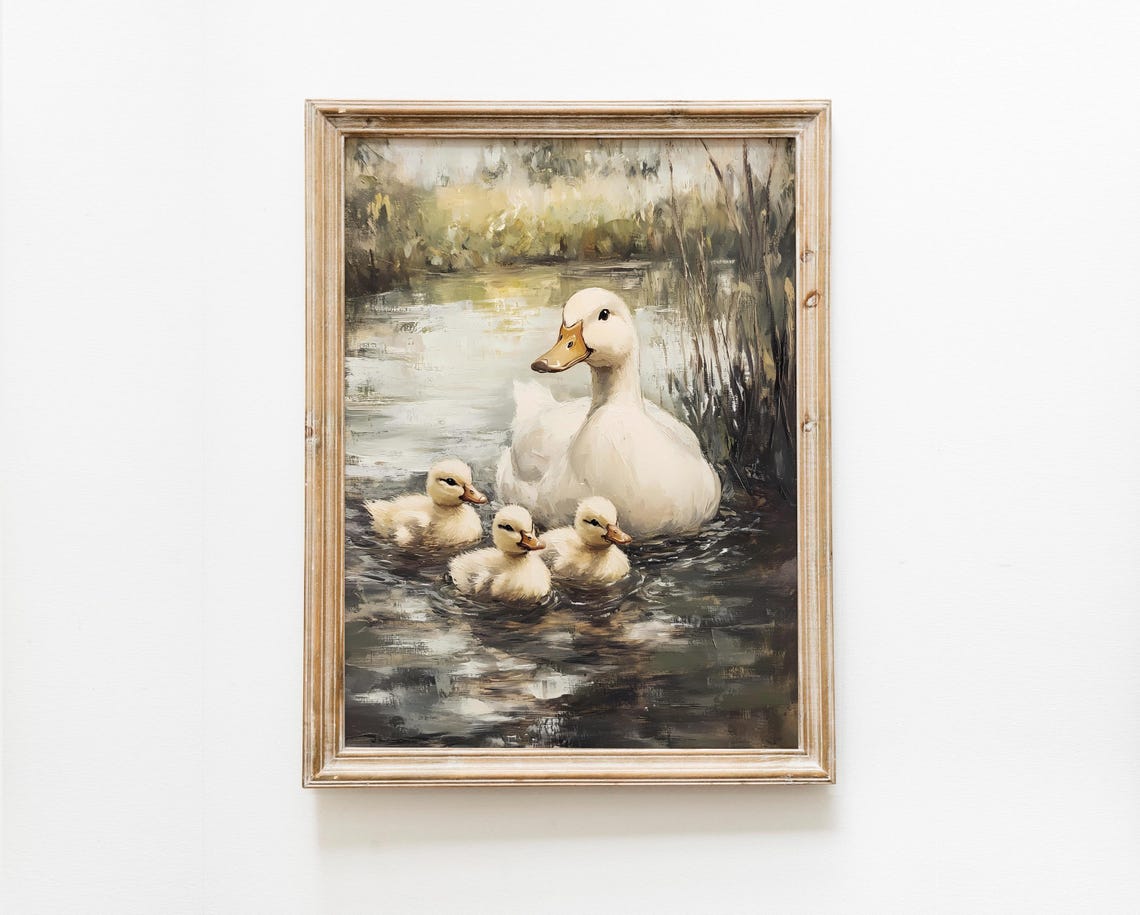 Sweet Vintage Duck And Ducklings Pond Nursery Painting Wall Art