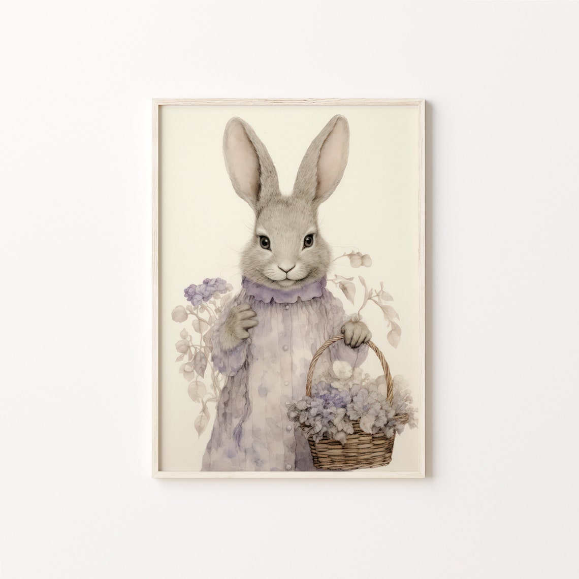 Whimsical Bunny in Dress with Basket of Purple Flowers Nursery Poster