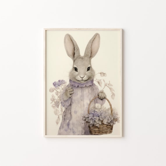 Whimsical Bunny With Purple Flowers Wall Art Vintage Rabbit Picture Neutral Nursery Decor