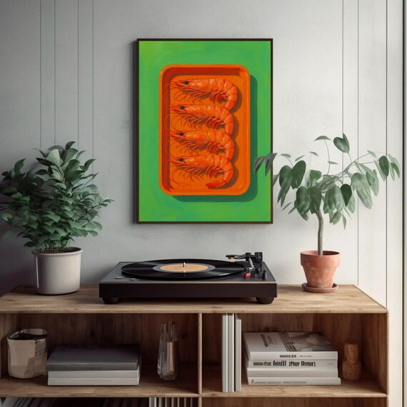 Shrimp Lineup On Orange Tray Vibrant Green Seafood Art Poster