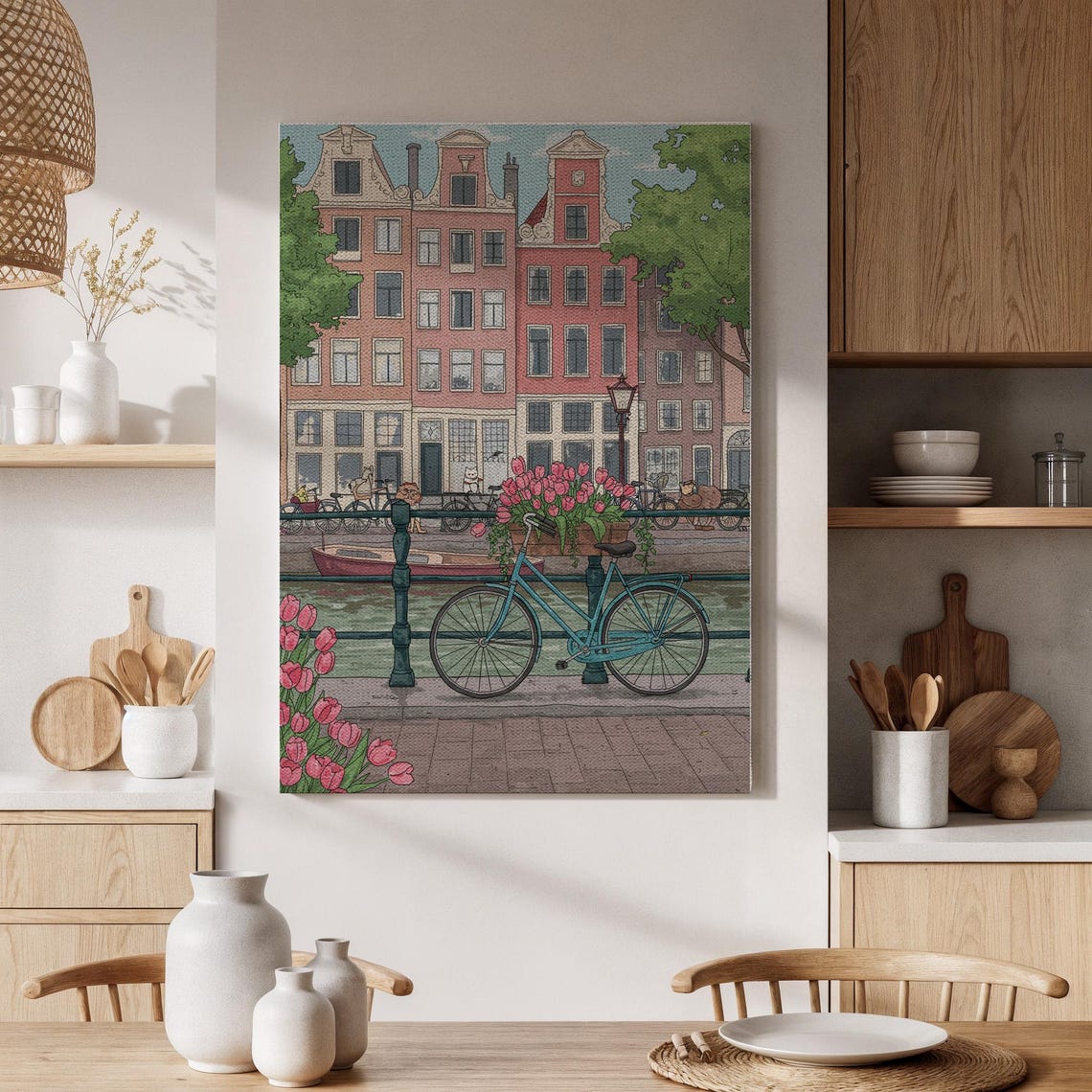 Bicycle And Tulips Canal Canvas Print Charming Amsterdam Cityscape Art Vintage Bike Flowers By The Water For Living Room Or Bedroom
