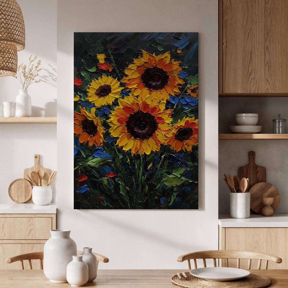 Bright Yellow Sunflowers Impasto Oil Painting Vibrant Floral Poster