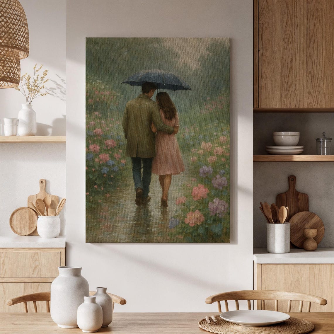 Romantic Couple Sharing Umbrella Rainy Flower Garden Stroll Poster