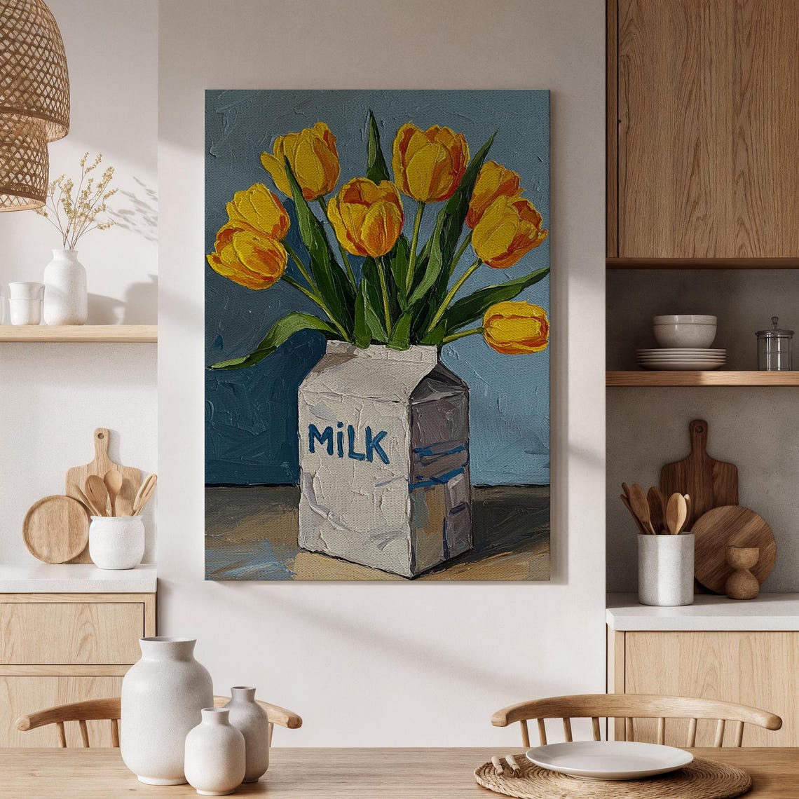 Yellow Tulips Milk Carton Impasto Floral Still Life Painting Poster
