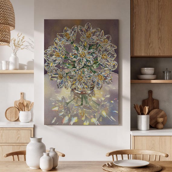 Crystal Flower Bouquet Canvas Print Elegant Floral Artwork With Sparkling Crystals Modern Wall Decor For Living Room Or Bedroom