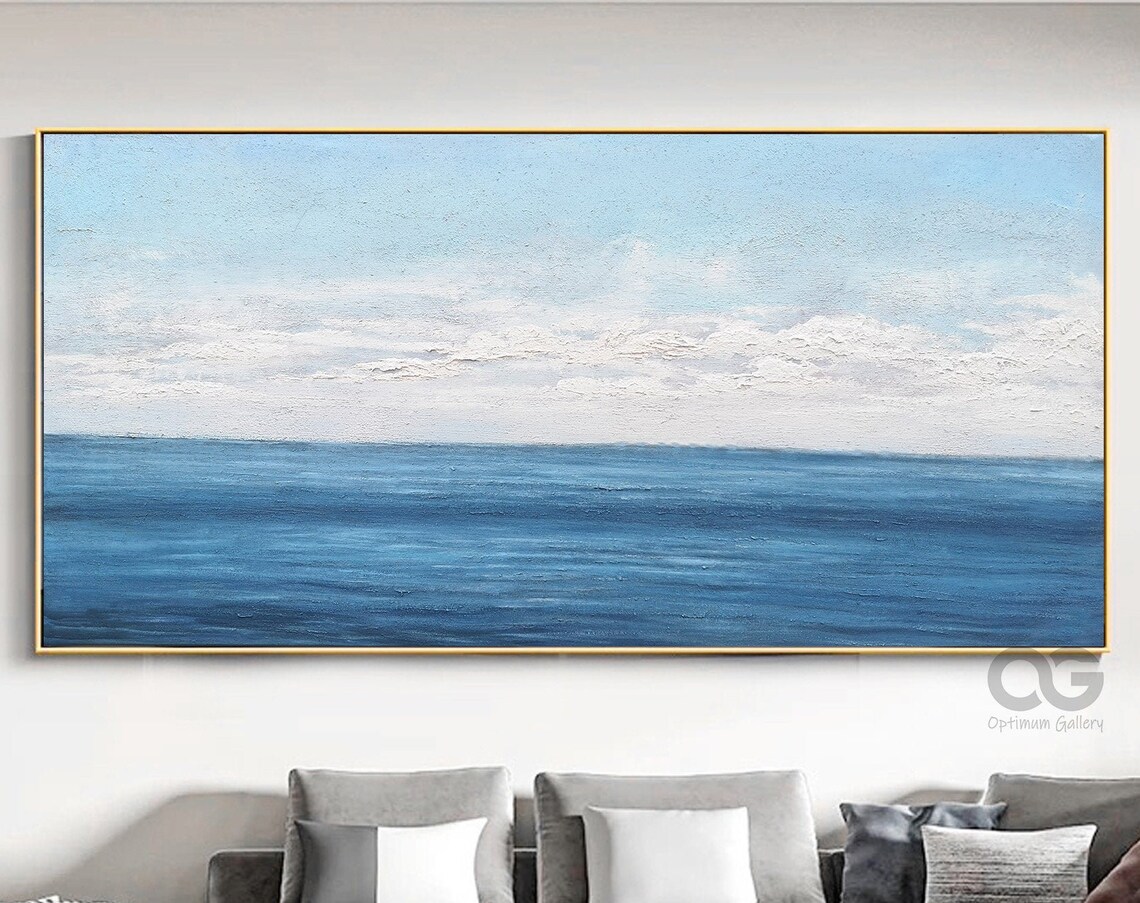 Deep Blue Ocean Horizon Painting White Clouds Calm Sea Minimal Wall Art Poster - Image 3