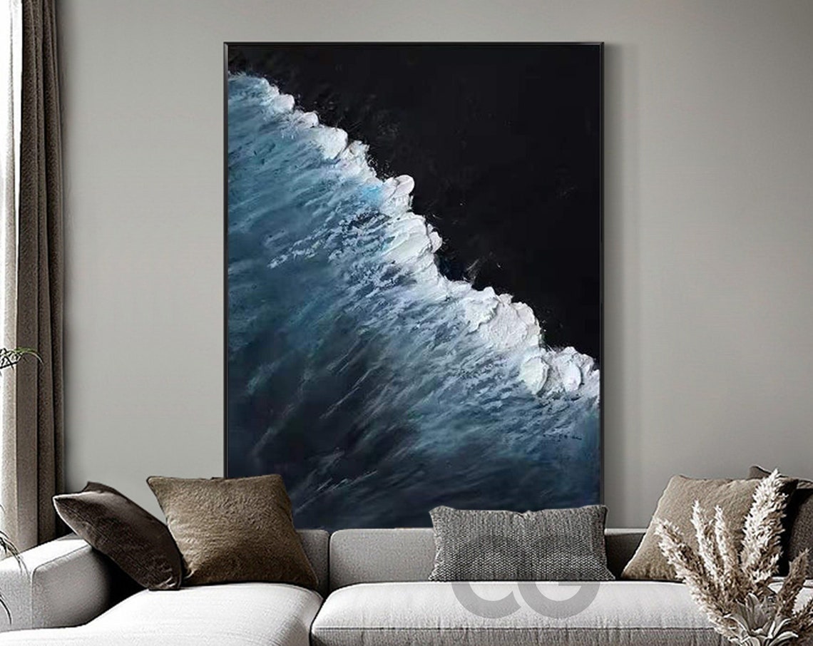 Dark Blue Aerial Wave White Foam Diagonal Black Beach Art Poster