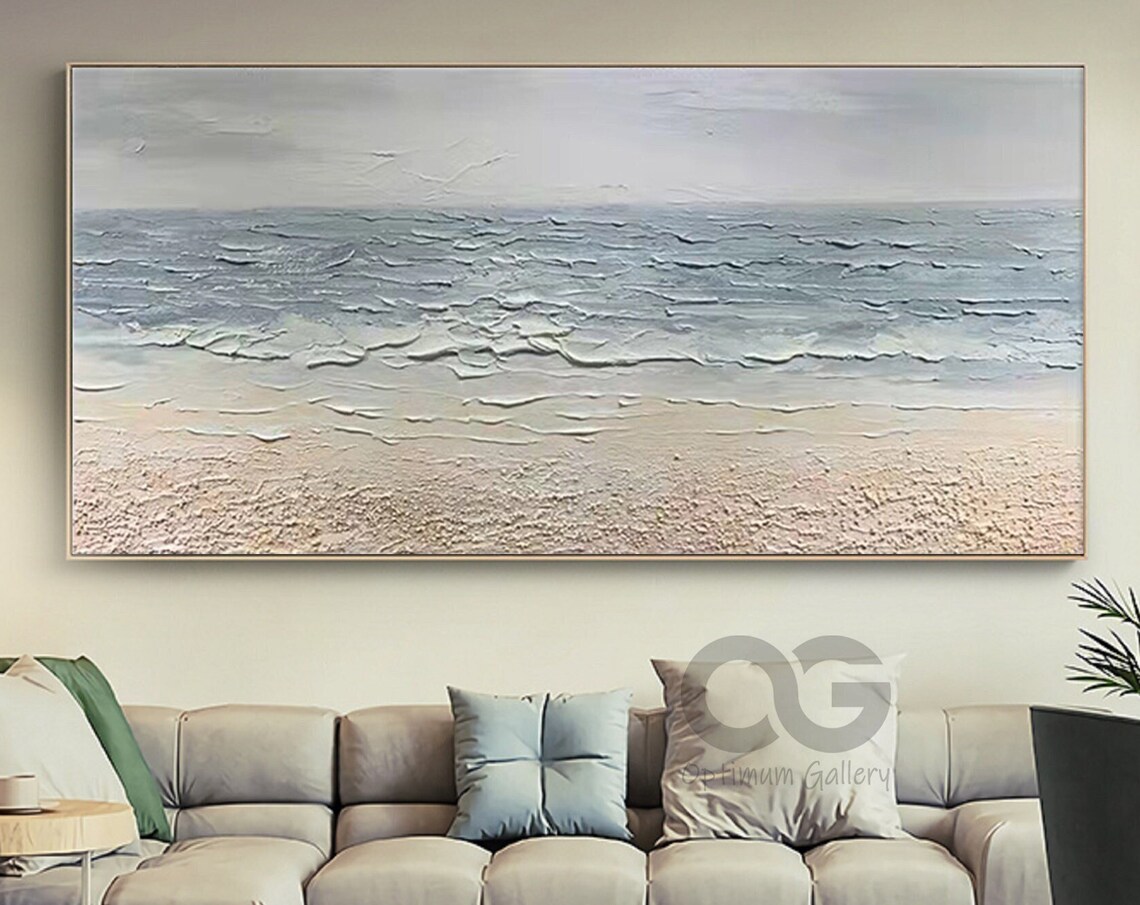 Textured Ocean Waves Painting Grey Blue Palette Knife Sandy Shore Wall Art Poster - Image 5