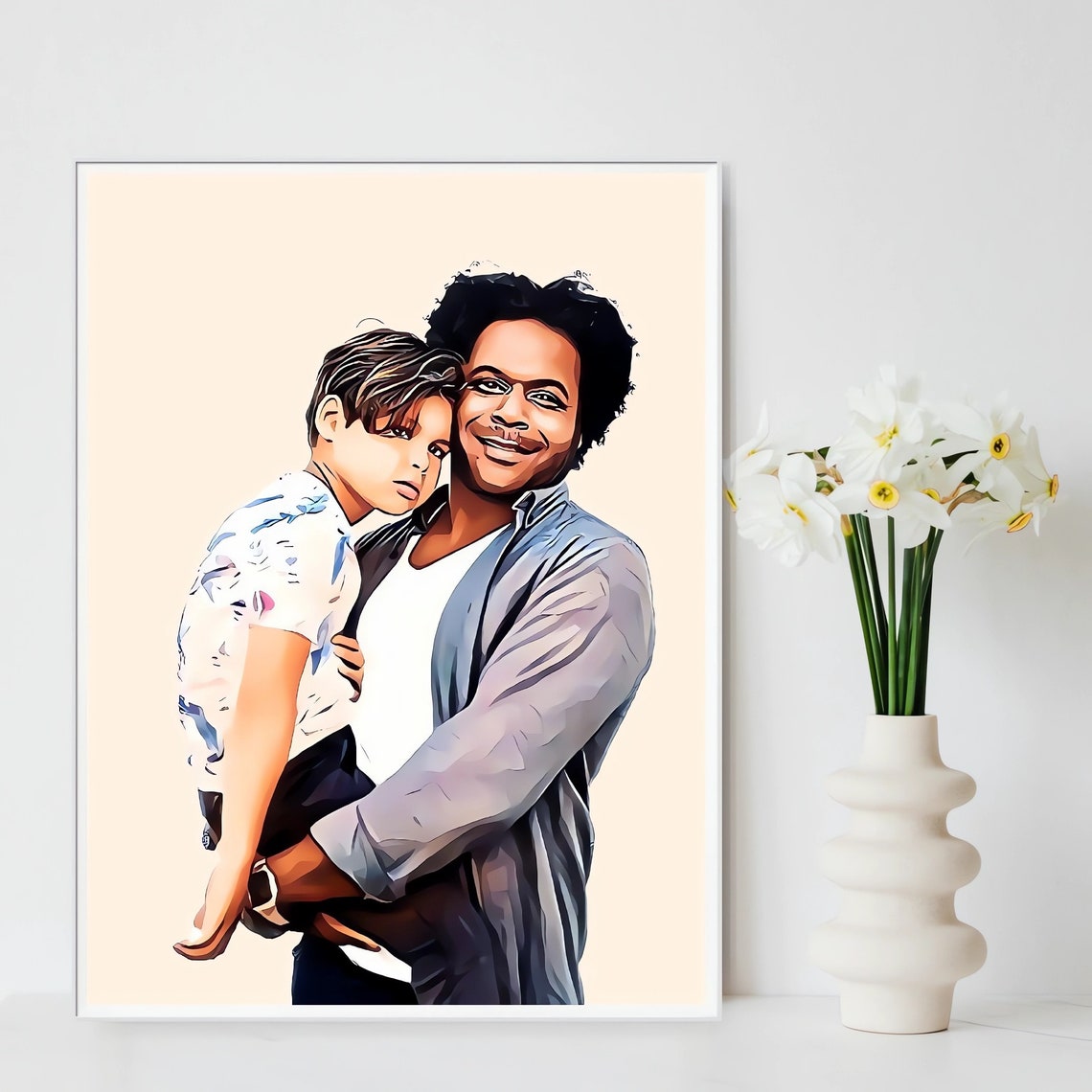 Joyful Dad And Son Cartoon Portrait Custom Illustration Poster - Image 4