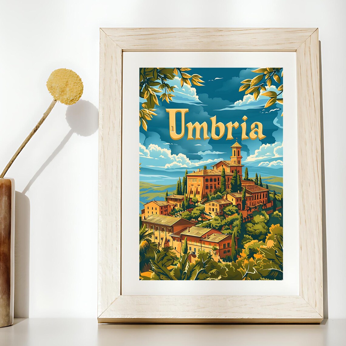 Umbria Vintage Travel Poster, Retro Art Print