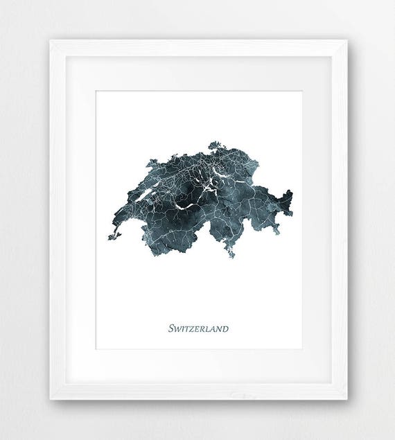 Switzerland Map Print Poster Wall Art Watercolor Grey Indigo Home Decor Travel