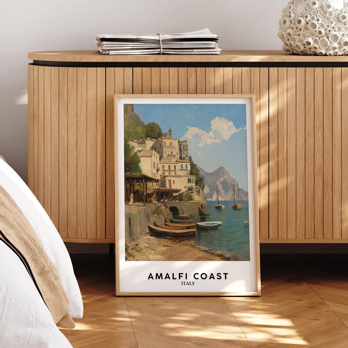 Amalfi Coast Italy Vintage Seaside Village Boat Painting Poster