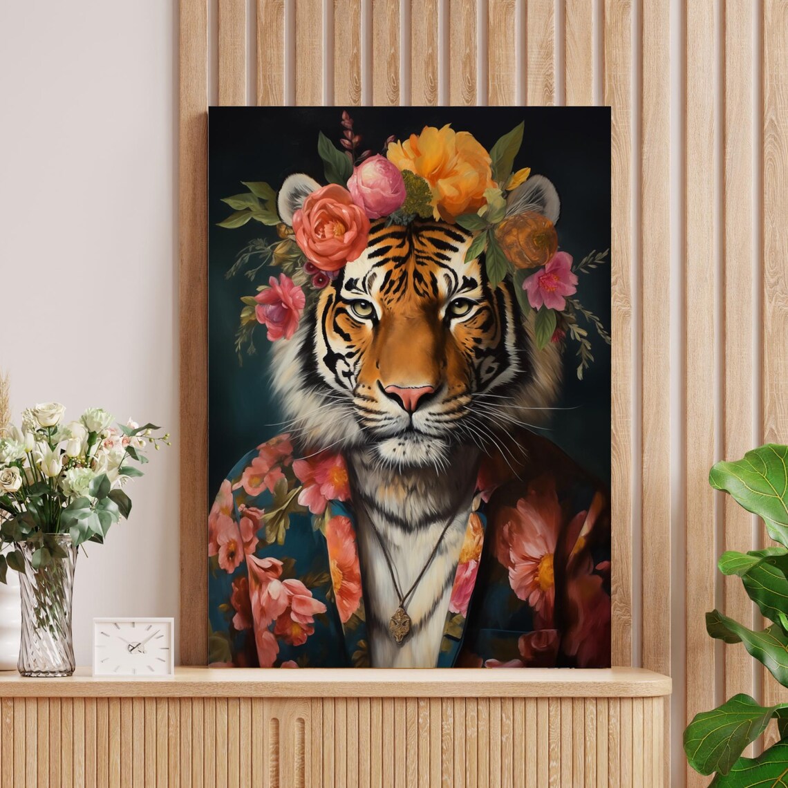 Regal Tiger Portrait with Floral Crown and Blooming Jacket Poster