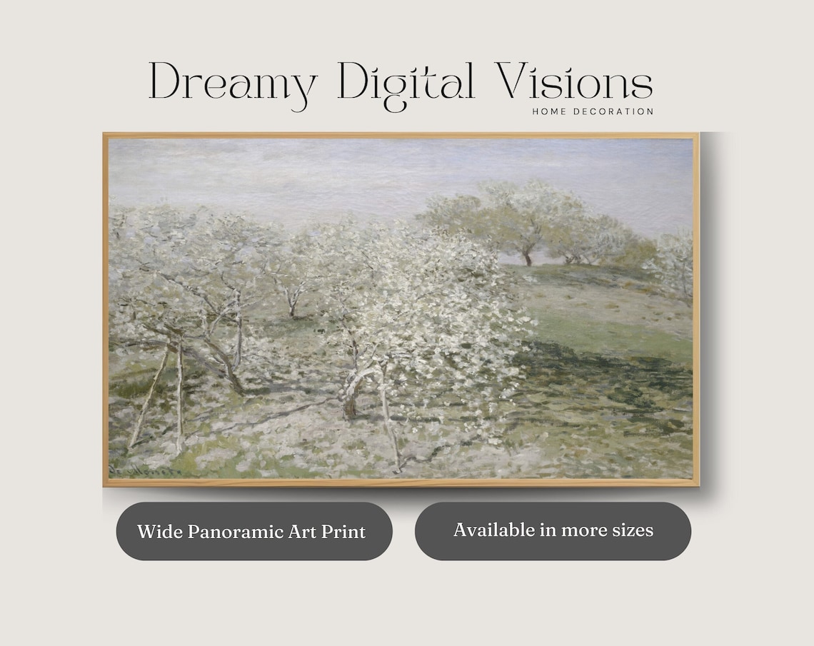 Blossoming Orchard Trees in Spring Panoramic Vintage Impressionist Landscape Print