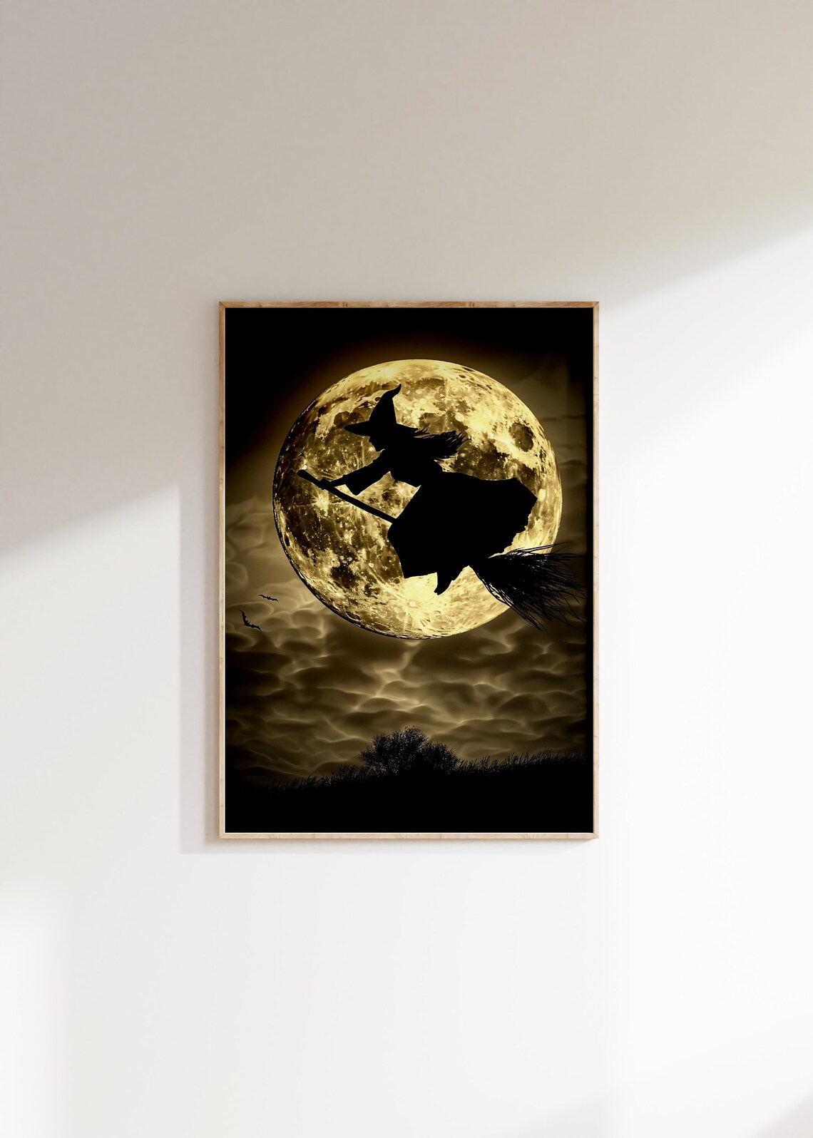 Witch Silhouette Flying Across Golden Full Moon Halloween Poster - Image 2