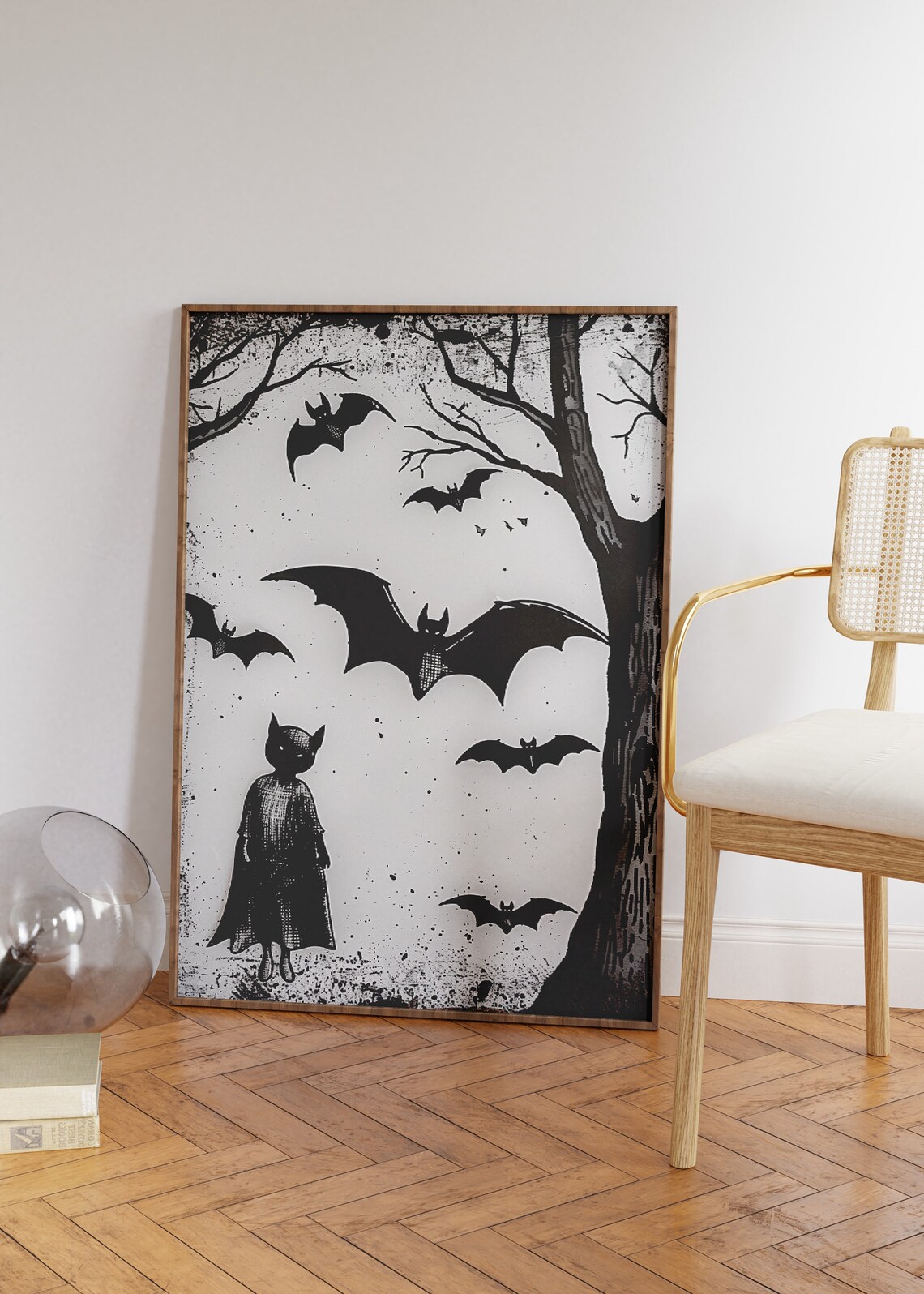 Gothic Black And White Cat Child With Bats Spooky Night Poster - Image 2