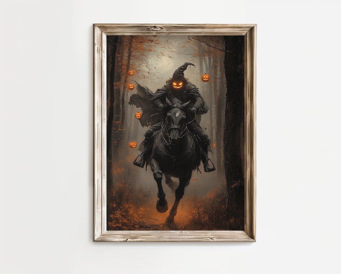 Pumpkin-Headed Rider Galloping Through a Misty Forest Poster - Image 2