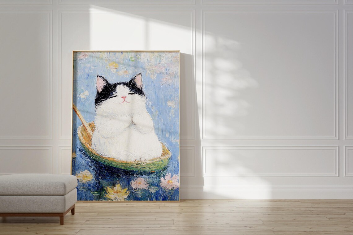 Chubby Black And White Cat In A Boat Monet Style Funny Poster - Image 3