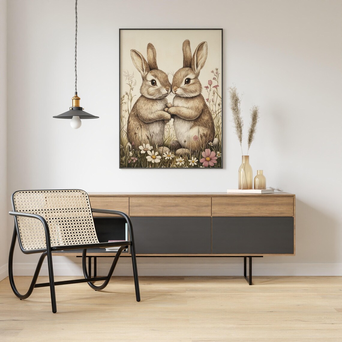 Two Easter Bunnies, Vintage Watercolour Botanical Poster - Image 2