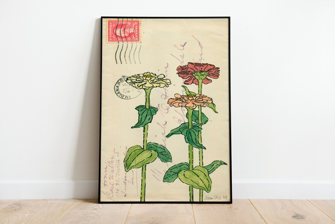 Vintage Flower Postcard Botanical Art Print, Farmhouse