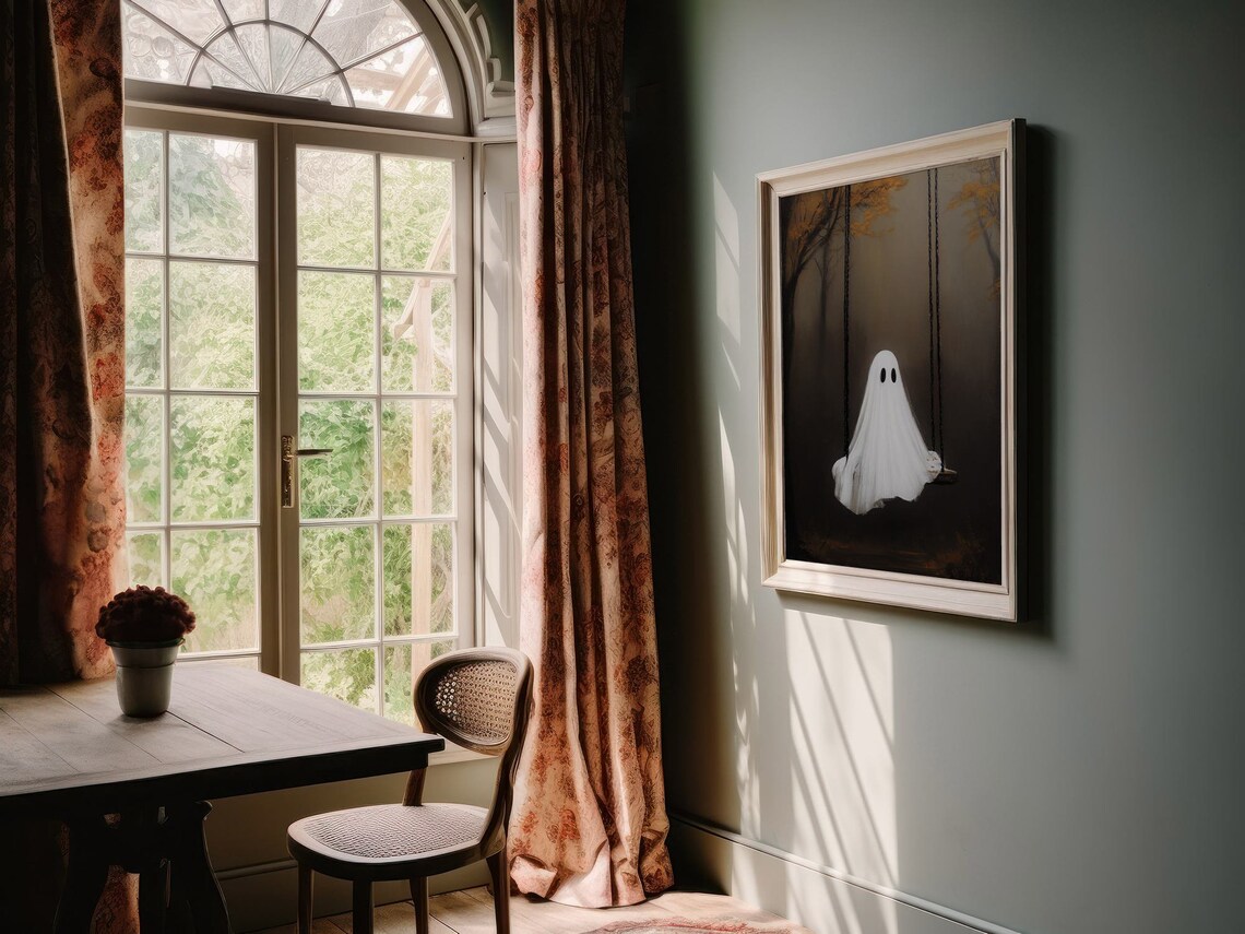 Cute Ghost Sitting On Swing Misty Forest Halloween Art Poster - Image 3