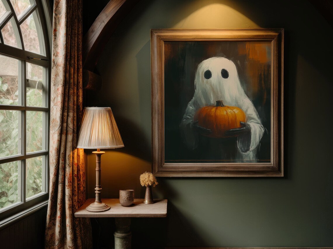 Ghost With Pumpkin Halloween Art Print, Dark Academia - Image 2