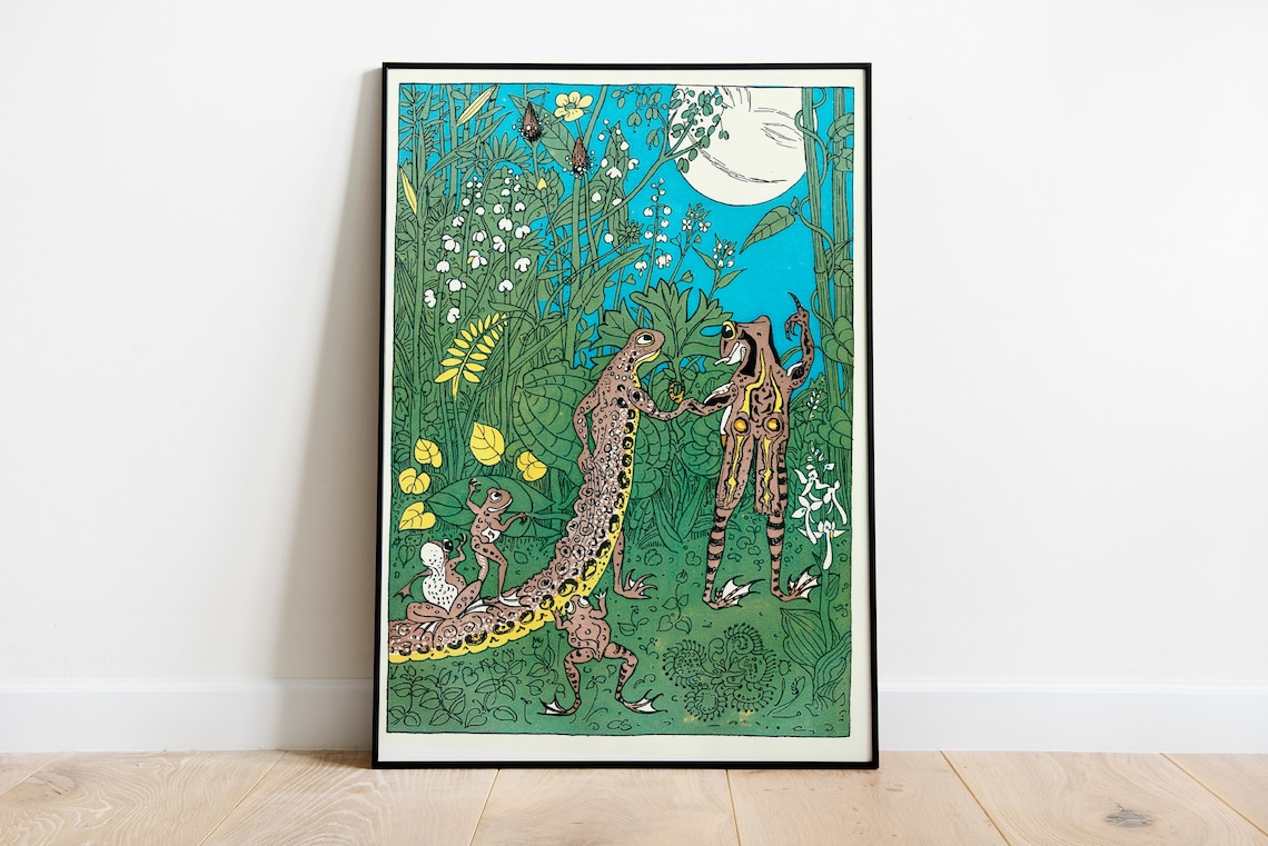Frogs Dancing in a Moonlit Garden Vintage Illustration Poster