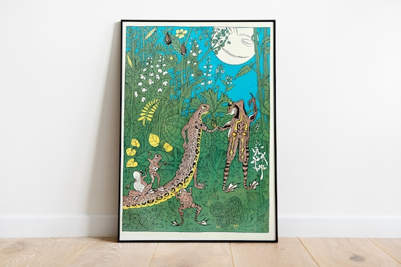 Frogs Dancing in a Moonlit Garden Vintage Illustration Poster