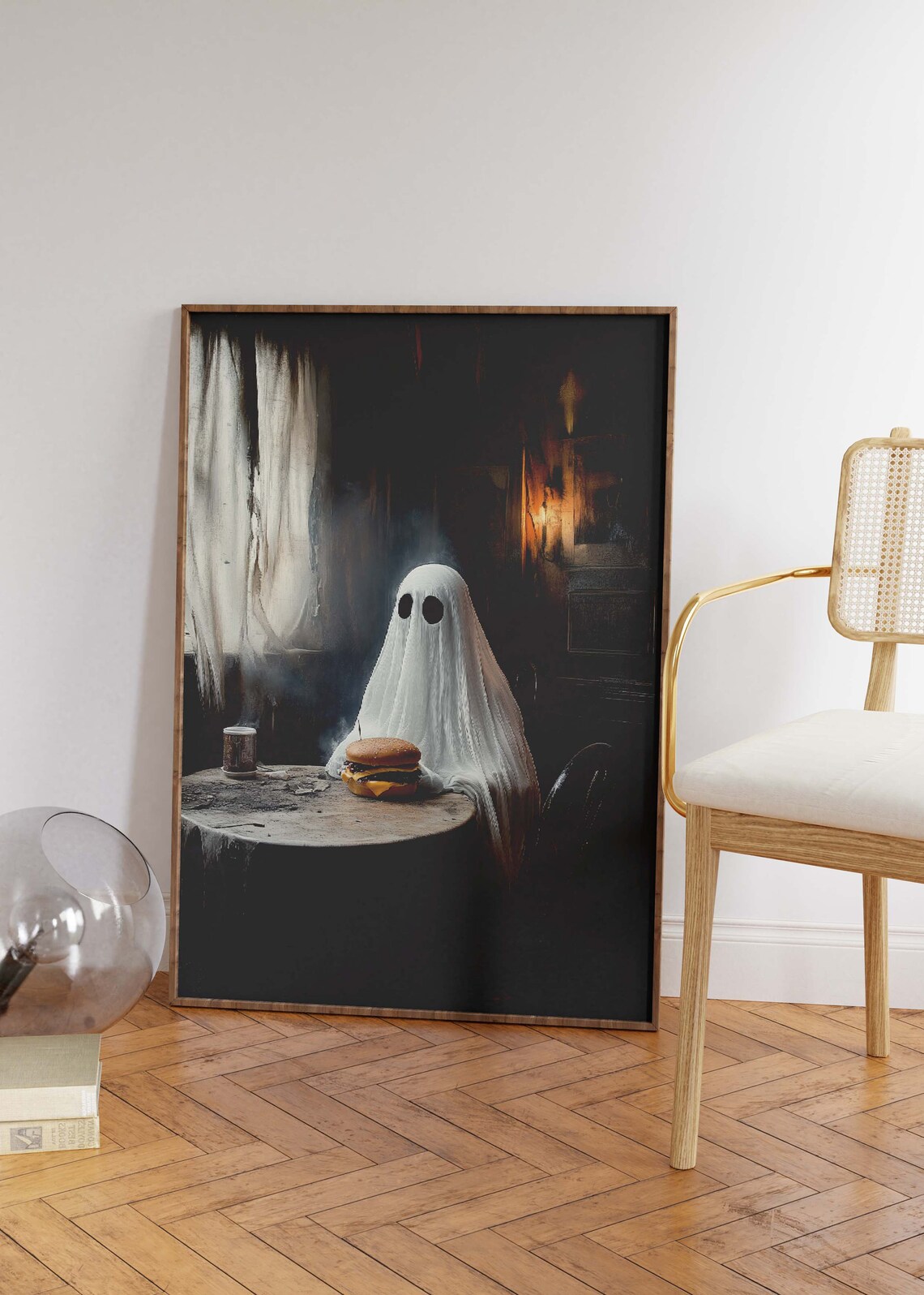 Ghost Eating Burger At Dark Tavern Table Funny Halloween Poster - Image 2
