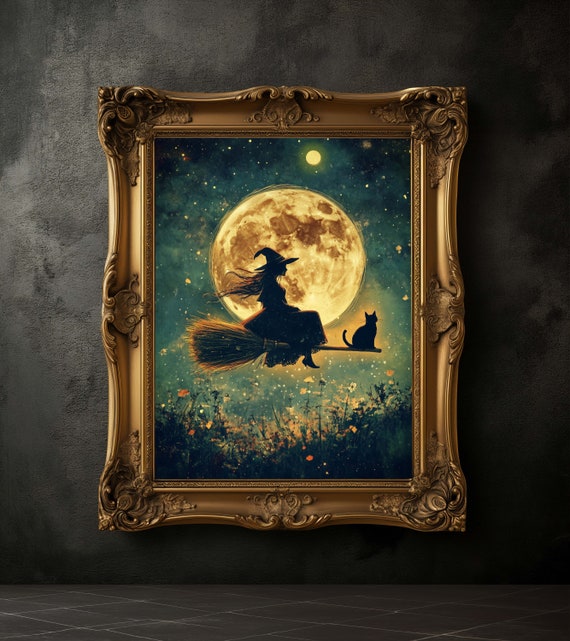 Witch and Black Cat Vintage Halloween Art Print