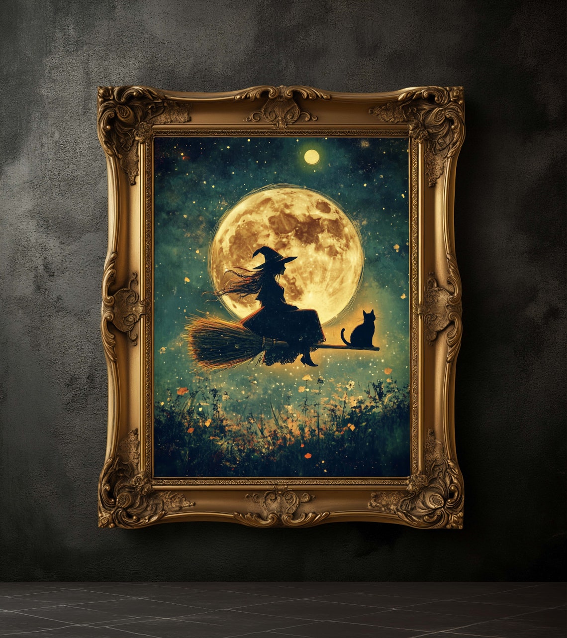 Witch and Black Cat Vintage Halloween Art Print