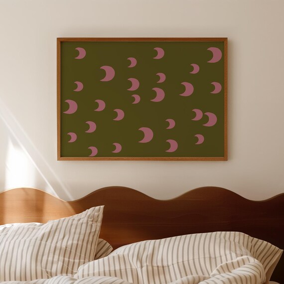 Moon Illustration Print Green Pink Bedroom Decor Kids Room Wall Art Digital Download Horizontal