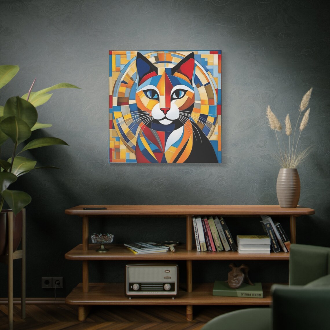 Geometric Cubism Cat Portrait Stained Glass Mosaic Colorful Art Poster - Image 4