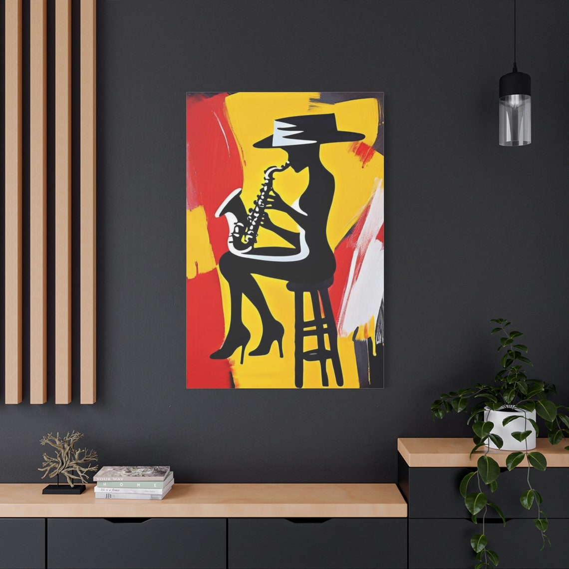 Jazz Saxophone Woman Silhouette Hat Bold Yellow Red Abstract Poster - Image 2