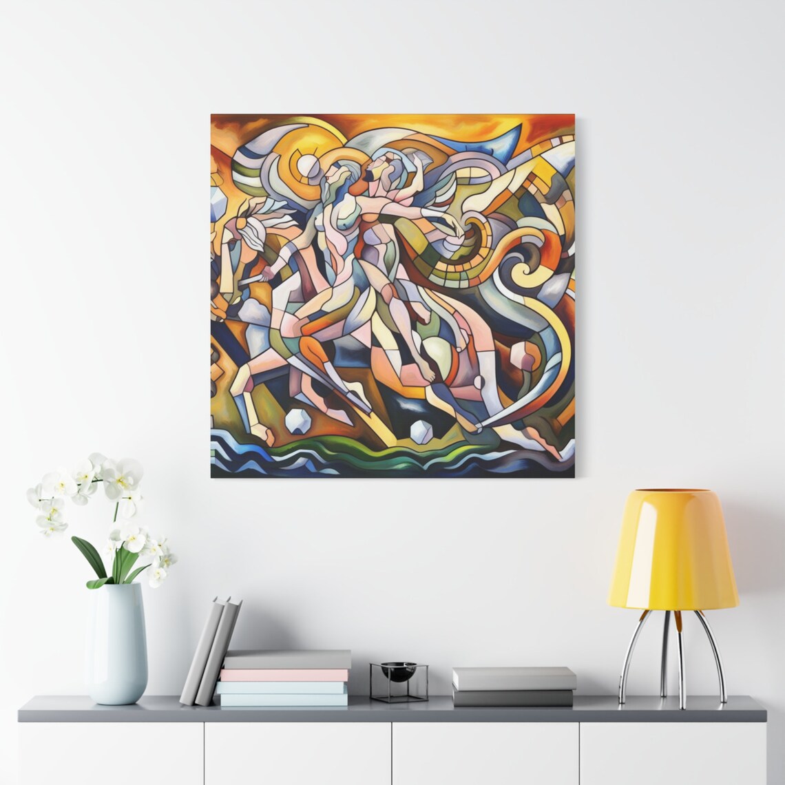 Cubist Mythological Horse Angel Figures Fiery Gold Orange Art Poster - Image 2