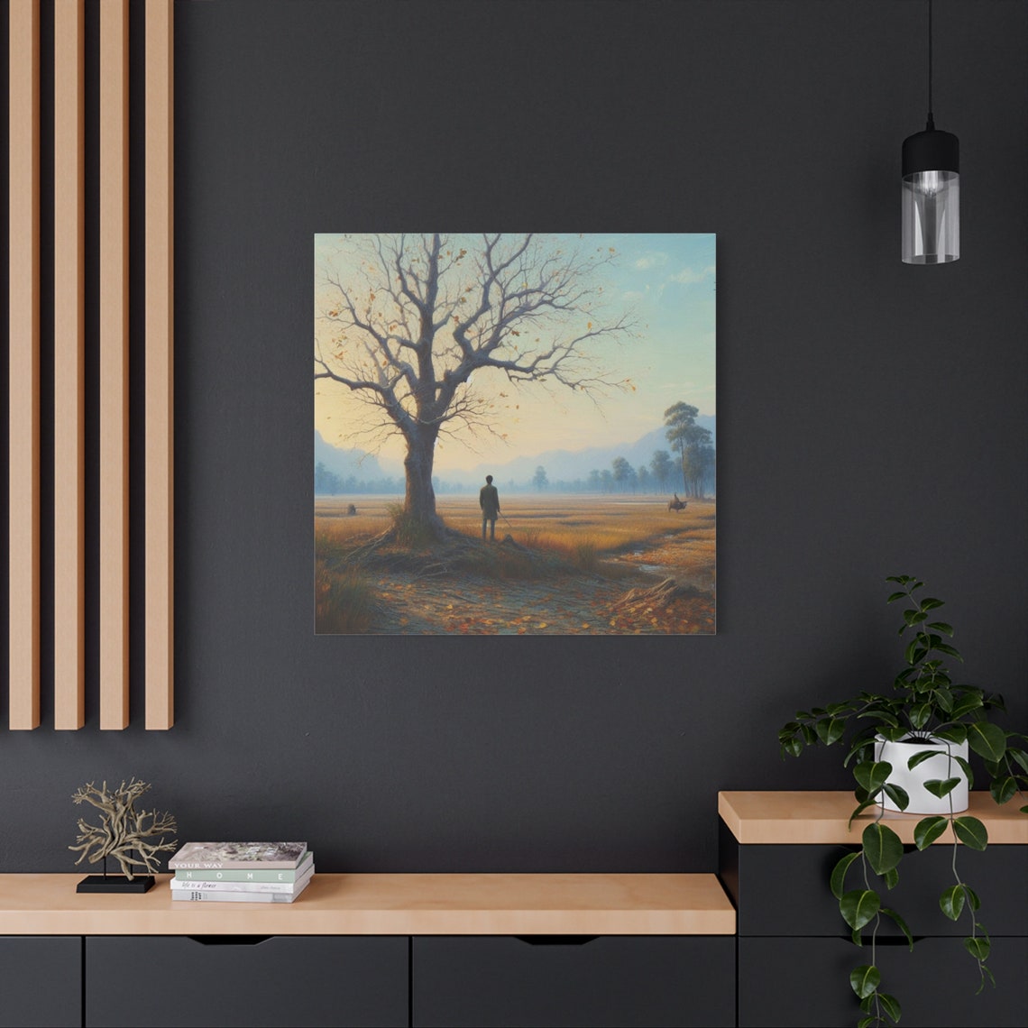 Lone Man Autumn Field Bare Tree Golden Dawn Landscape Art Poster - Image 2