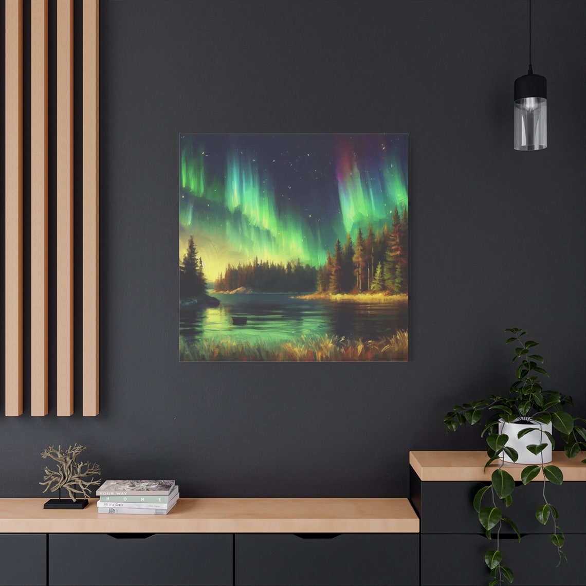 Green Aurora Borealis Over Lake Pine Forest Night Sky Wall Poster - Image 2