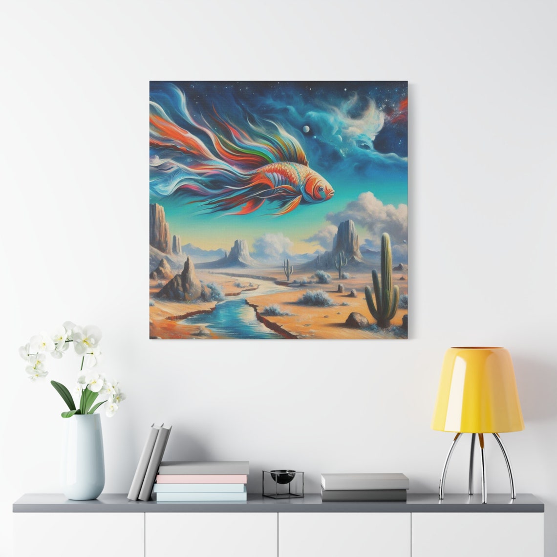 Surreal Rainbow Betta Fish Flying Over Desert Canyon Sky Art Poster - Image 3