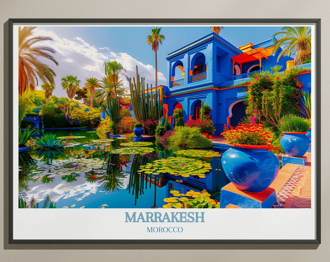 Marrakesh Majorelle Garden Palm Lily Pond Reflection Scene Poster