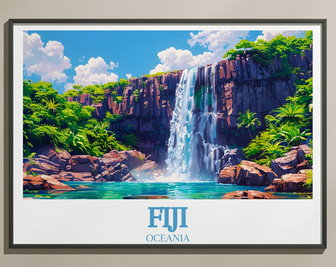 Fiji Waterfall Taveuni Tropical Cliff Jungle Pool Art Poster