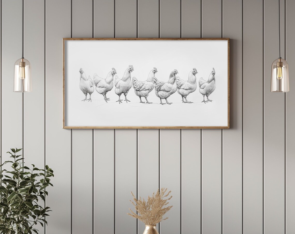 Hens All In A Row Pencil Sketch Chicken Flock Farmhouse Poster - Image 3