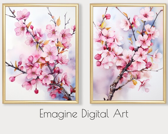 Pink Cherry Blossom Watercolor Painting Set of 2 Floral Art Poster