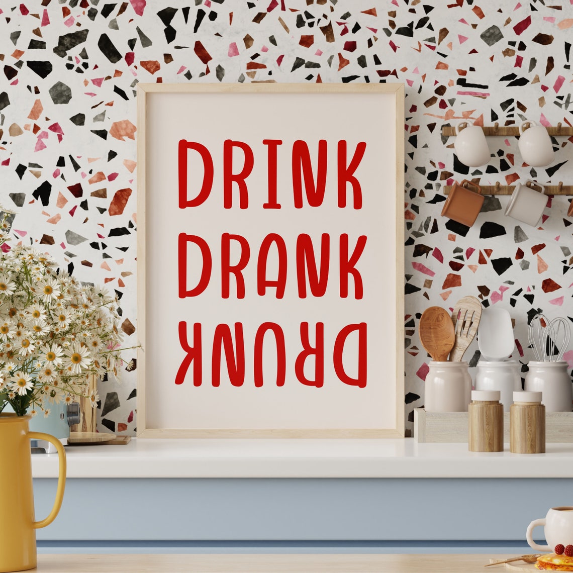Drink Drank Drunk Bold Red Typography Funny Kitchen Bar Poster - Image 3
