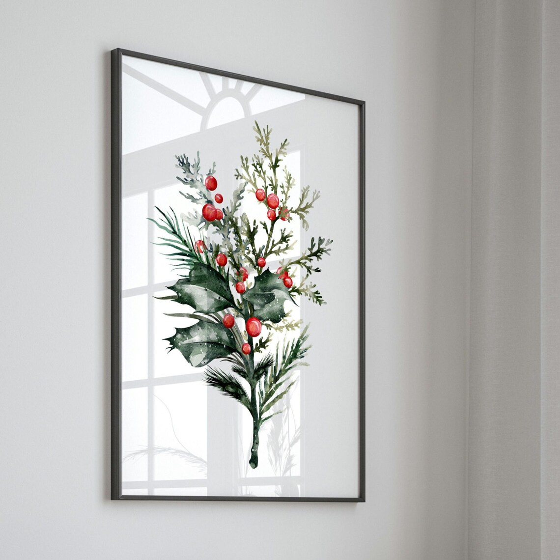 Watercolor Holly Cedar Sprig Red Berries Botanical Christmas Wall Art - Image 2