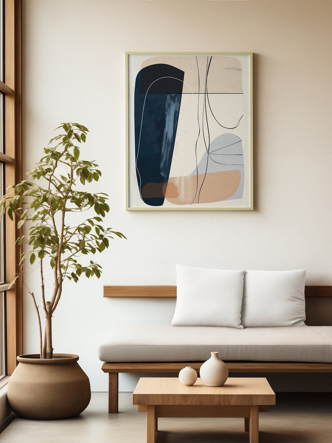 Abstract Line Art Navy Tan Minimalist Mid Century Style Poster - Image 2