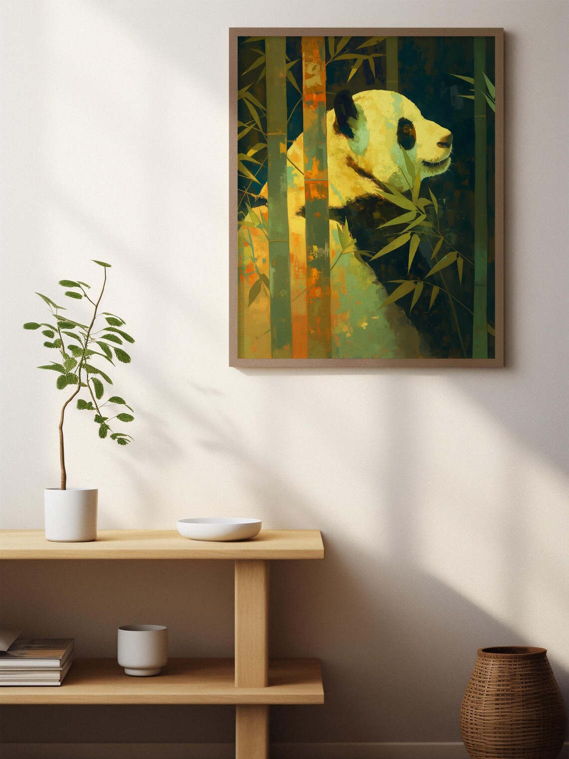 Moody Giant Panda Profile Peeking Through Dark Teal Bamboo Art Poster - Image 2