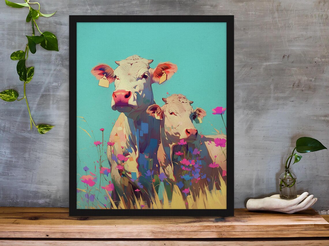 Two White Cows Among Pink Wildflowers on a Turquoise Sky Poster - Image 2
