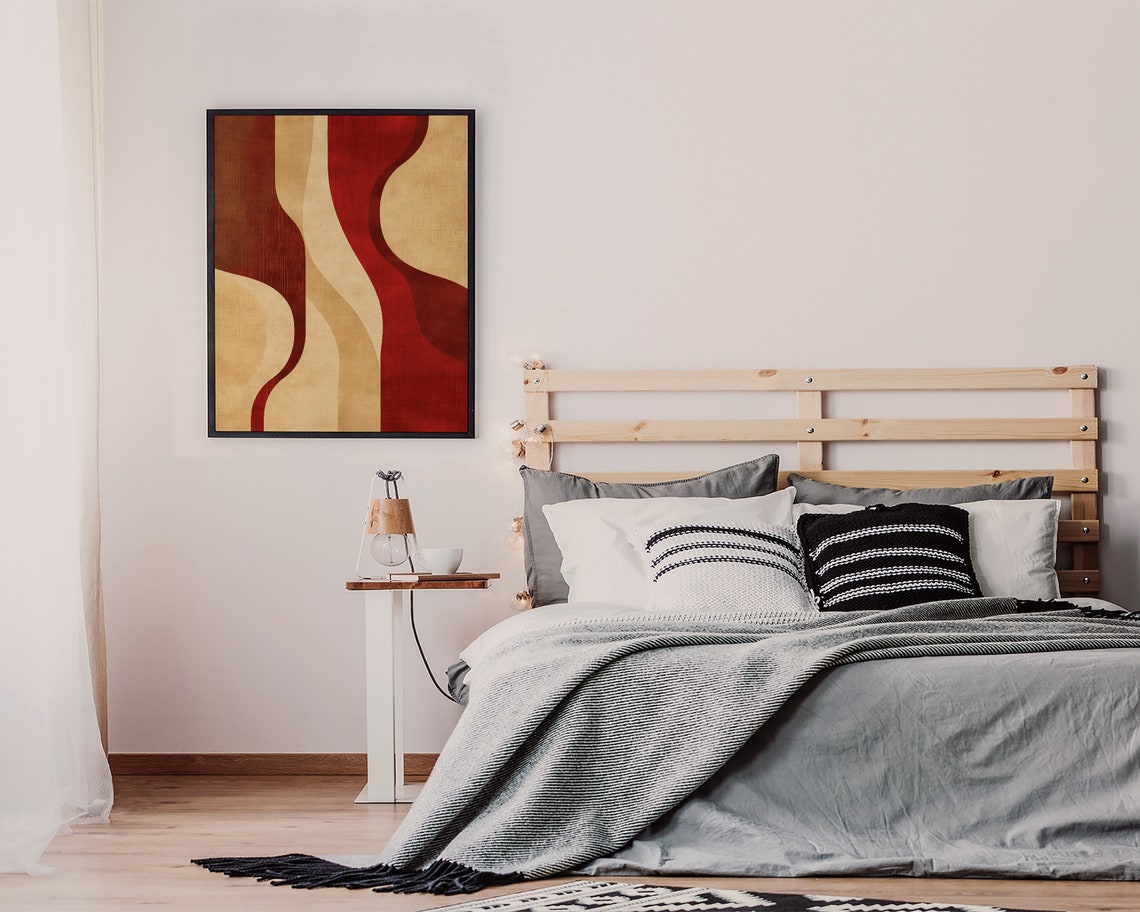 Deep Red and Cream Vertical Waves Mid Century Abstract Poster - Image 3